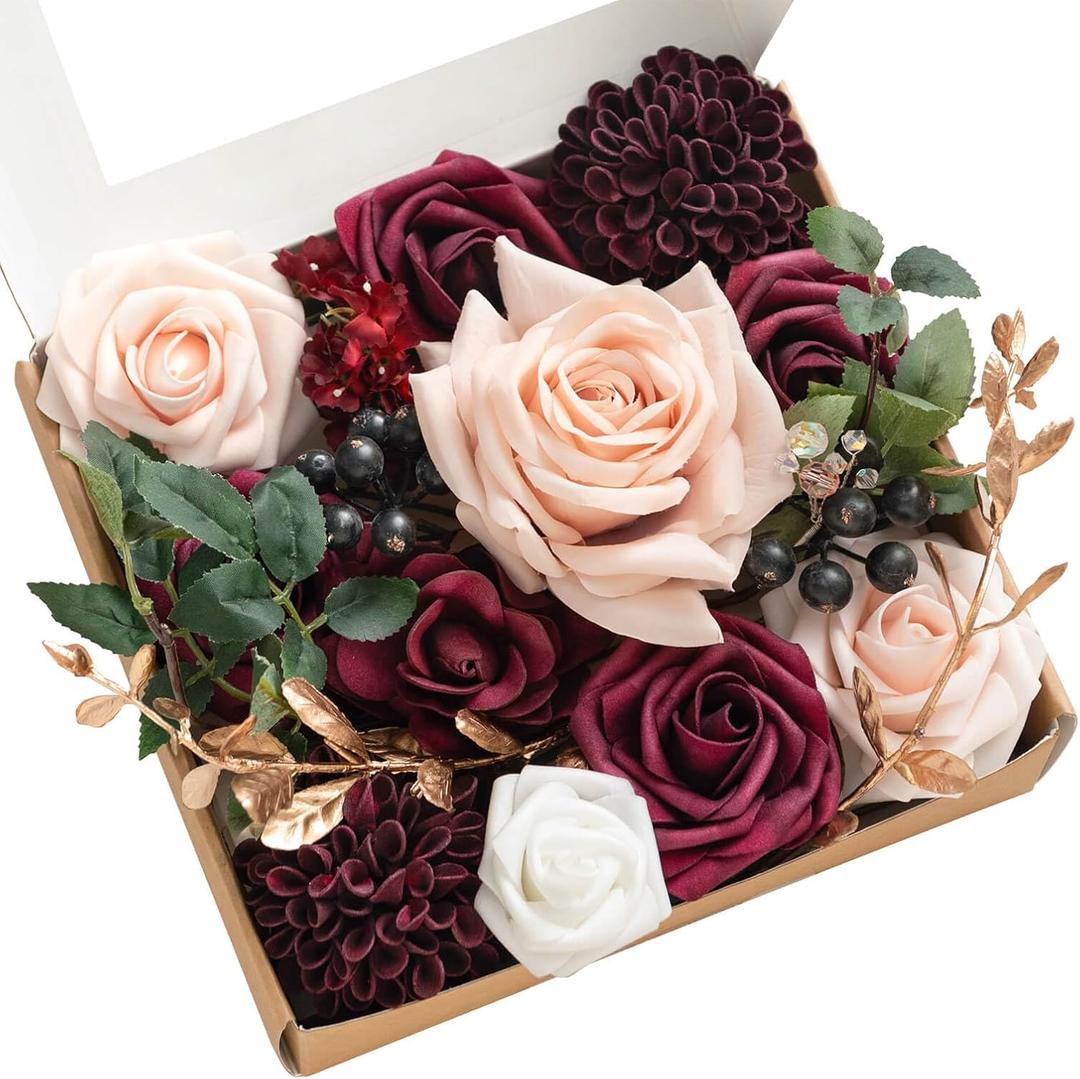 Ling's Moment Burgundy Artificial Flowers and Greenery Mini Combo Box Set, Marsala & Blush Fake Flower for DIY Wedding Bridal Bouquet, Centerpieces Decor, Floral Arrangement Decor, etc.