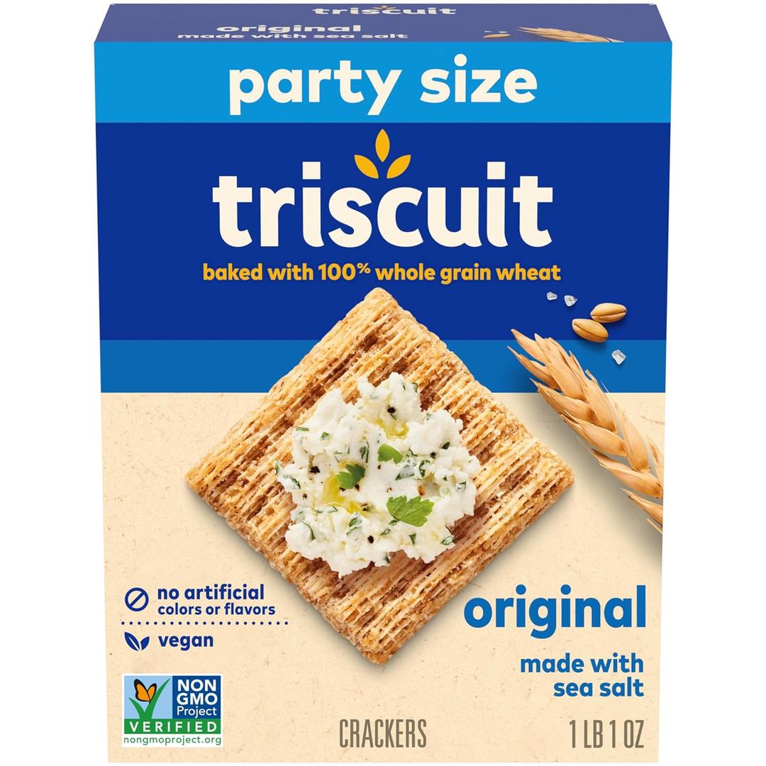 Triscuit Original Whole Grain Wheat Crackers, Vegan Crackers, Healthy Snacks, Lunch Snacks, Party Size, 17 oz. Best By: 19MAR26