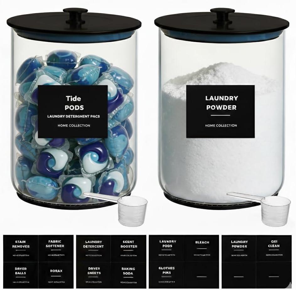 2 Pack 1 Gallon Glass Laundry Detergent Dispenser for Powder, 4L Large Laundry Pods Holder with Hygienic Plastic Lids & Metal Rim, Airtight Glass Canister Set with Scoops & Labels, Black