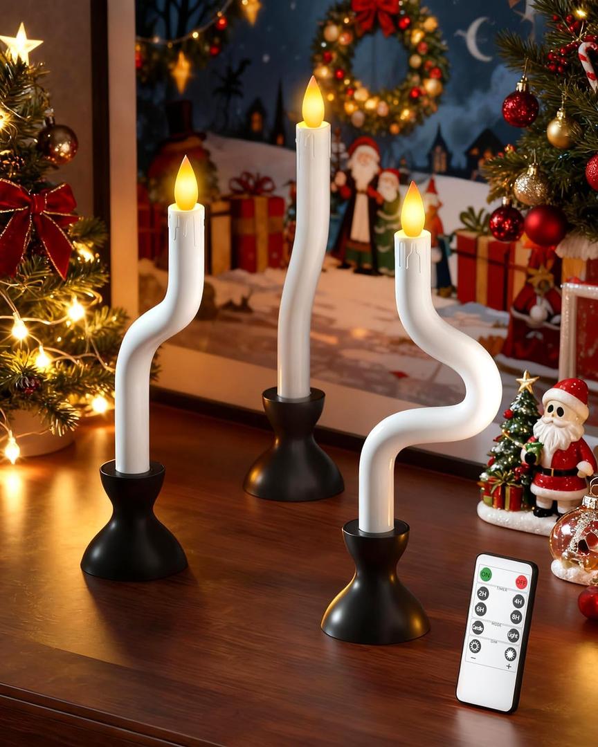COOLWUFAN Christmas Window Candles, 3 Pcs Flameless Taper Candles with Remote Timer, Battery Operated Dripless LED Flickering 3D Flame, Holiday Decor for Home, Party (Black Base)