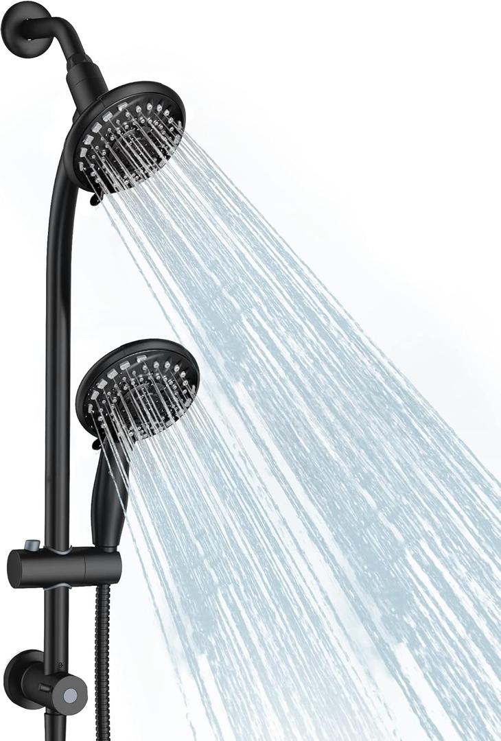 Handheld Showerhead & Rain Shower Combo for Easy Reach, 27.5" Drill-free Stainless Steel Slide Bar, 5of 5-setting Handheld Shower and Showerhead, with 5ft Hose - Black