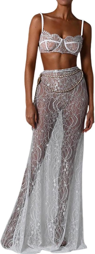 Women 2Pcs Lingerie Set Lace See-Through Sleeveless Camisoles High Waist Long Skirts with Chain Sleepwear
