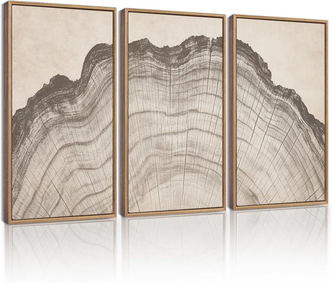 KUVIOKE Boho Vintage Antique Tree Wall Art Framed Neutral Retro Tree Rings Wood Prints Rustic Nature Illustrations Bedroom Living Room 16x24in (Natural Framed) (24L" x 16W" x 3 Panels Natural)