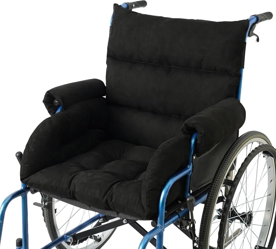Wheelchair Seat Cushion with Integrated 11 Inch Short Armrest Pads, Comfort & Pressure Relief, All-in-One Support Coccyx & Back Insert (Black)