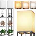 Floor Lamp with Shelves for Living Room 2 Pack, Shelf Floor Lamp with 3 CCT LED Bulb, Corner Display Standing Column Lamp Etagere Organizer Tower Nightstand with White Linen Shade for Bedroom, Office (Black)