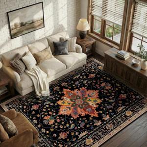 RELEANY Area Rugs 6'x9' Washable Non-Slip, Floral Vintage Distress Print Pattern Medallion Carpet for Living Room Bedroom Dining Room, Black Colorful Floral Dark Tan