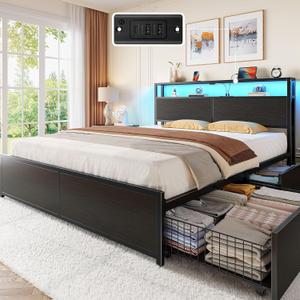 Rolanstar Queen Bed Frame with 4 Storage Drawers, Charging Station and LED Lights, Metal Platform Bed with 2-Tier Storage Headboard, No Box Spring Needed, Easy Assembly, Noise-Free, Black, 86.3"L x 60"W x 41.3"H