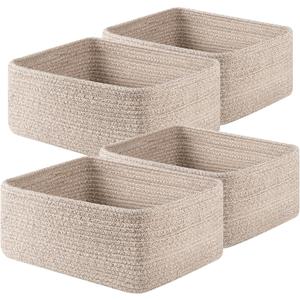OIAHOMY 4 Pack 14.17*11.02*6.3IN Storage Baskets for Organizing Shelves, Woven Rope Baskets for Organizing Books, Clothes, Decorative Basket for Living Room, Nursery, Bedroom, Gift Basket, Brown