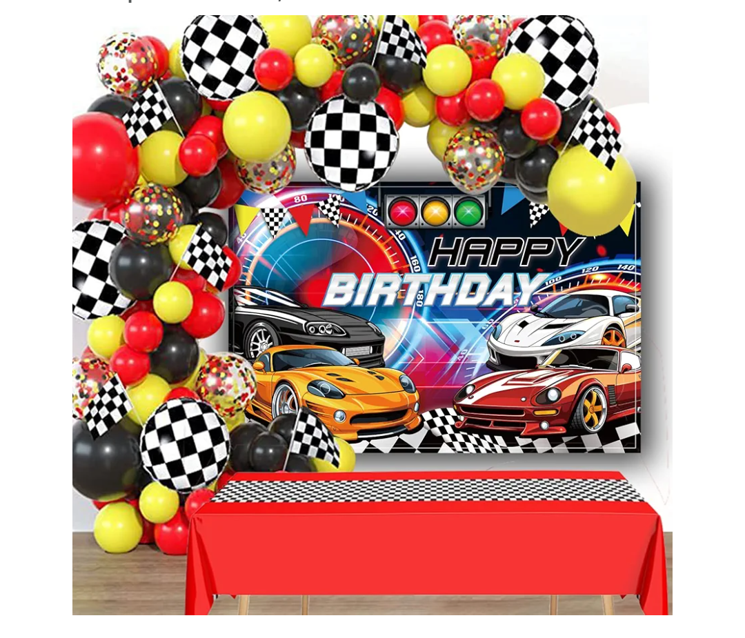 Lnkdeya Race Cars Birthday Party Decoration-144Pcs Racing Cars Checked Balloon Garland Kit Cars Banner Racing Backdrop Tablecloth