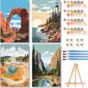 4 Pack Paint by Numbers for Adults with Framed Canvas - with Wooden Easel, National Park Paint by Number on Canvas, DIY Landscape Acrylic Oil Painting Kits with Brushes for Home Wall Decor (8x12 inch) (BKH1300+BKH1301+BKH1302+BKH1303)
