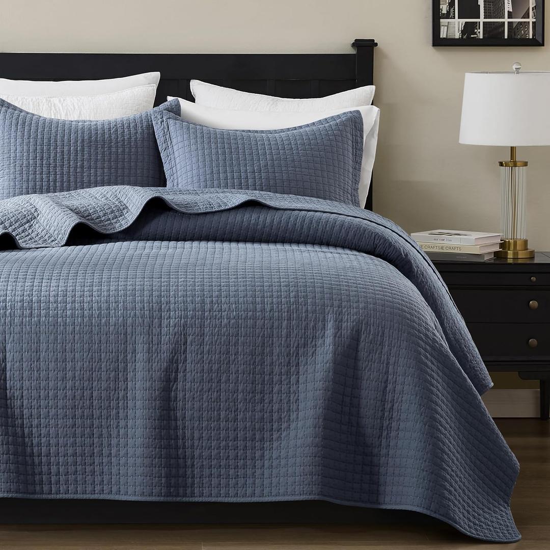 WDCOZY 100% Cotton Queen Size Quilt Set - Dusty Blue Box Pick Stitch Soft Lightweight Bedspread, Textured Like Linen, Farmhouse Country Rustic Coverlet, Shabby Chic Gauze Bedding, 3 Pieces, Full/Queen