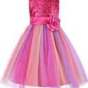 Uhnice Little Girl's Sequin Sleeveless Mesh Rainbow Dress for Wedding Party (5-6 Years)
