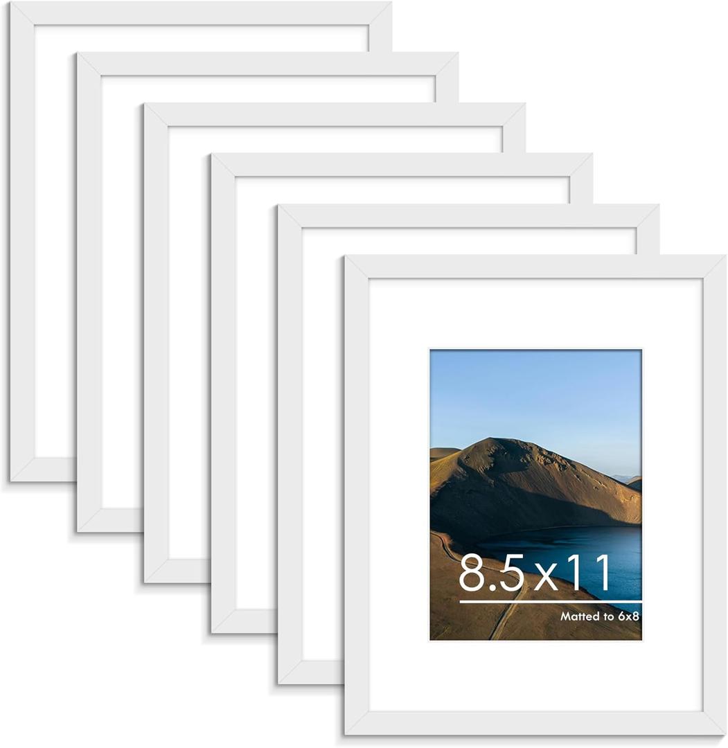 PEALSN 8.5 x 11 Picture Frame Set of 6, Display Pictures 6x8 with Mat or 8.5 x 11 without Mat for Wall Mounting Display, Photo Frames Collage for Wall Decor, White Woodgrain.