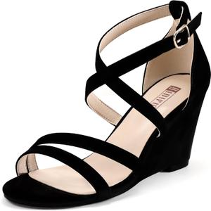 IDIFU Women's 3 Inch Strappy Wedge Sandals Open Toe Dressy Wedges For Women Black Nude Silver White Bridal Wedge Heels On Wedding Evening Summer, Black, Size 10