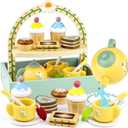Wooden Tea Sets for Little Girls Play Food Cake Toys Toddlers 3-5 Kitchen Accessories Pretend Play Princess Playset for 3 4 5 6 Year Old Girl Boy Party Birthday Gift