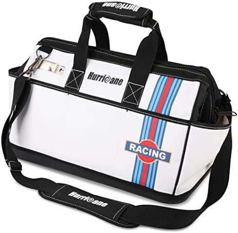 HURRICANE 16 inch Wide Mouth Tool Bag with Water Proof Molded Base with Extra Shoulder Strap, Upgrade Version, Racing theme-White, Multi Pockets, Large Inner Space
