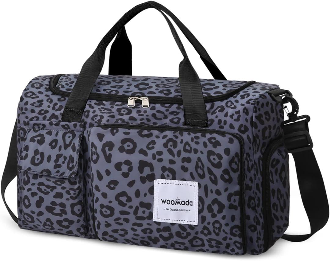 WOOMADA Foldable Travel Duffel Bag with Shoes Compartment, Overnight Bag with Wet Pocket & Trolley Sleeve, Weekender Bags for Women(B-black Leopard)