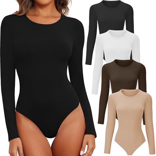 BALENNZ Long Sleeve Bodysuits Pack Brown Long Sleeve Bodysuit Round Neck Black Bodysuit Pack Fall White Body Suit Womens Bodysuit Tops 4B, Large