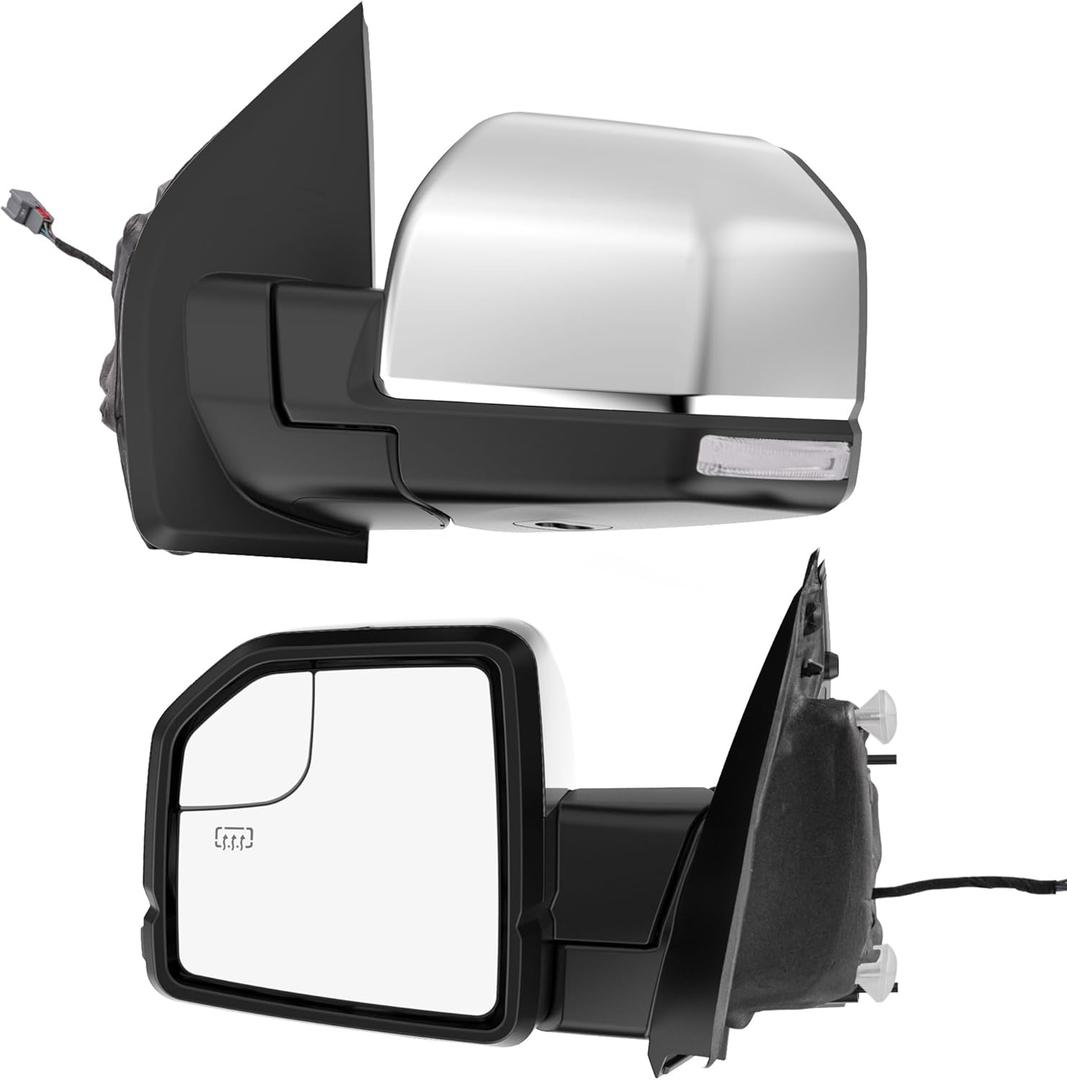 Power Heated Tow Mirrors Compatible with 2015 2016 2017 2018 2019 2020 Ford F150, Trailer Towing Side Mirrors w/LED Turn Signal & Ambient Temp Sensor(for 2019+), Chrome Housing