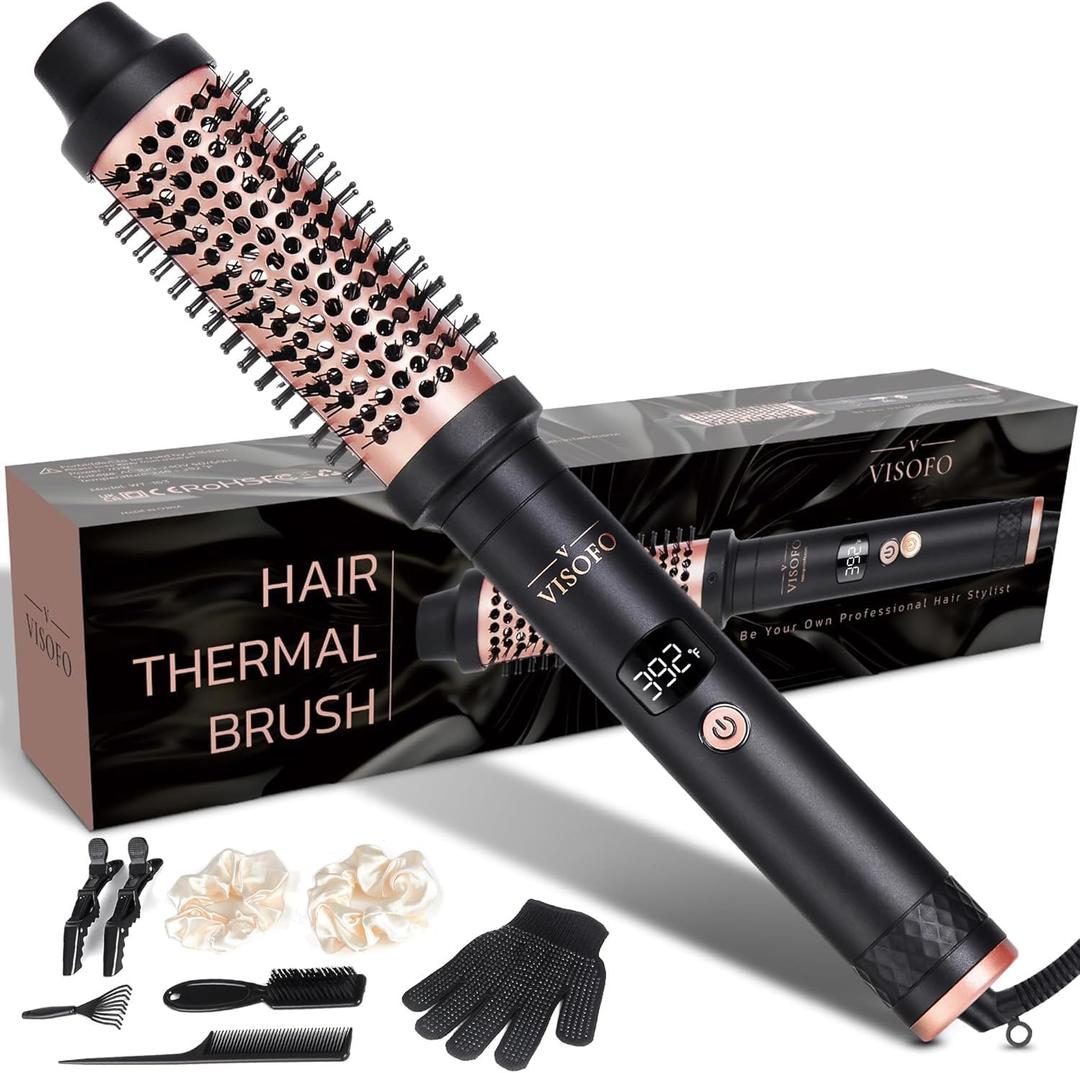 Wavy Thermal Brush Pro, 1.5 inch Heated Round Curling Iron, 1 1/2 inch Barrel Ceramic Hot Wand Blowout Look Natural Hair Styler Tool Voluminous Blow Out Curls 25s Fast Heating by VISOFO (Rose-Gold)
