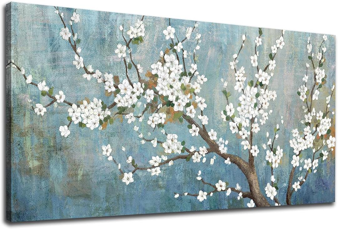 yearainn Elegant Flowers Canvas Wall Art - Plum Blossom Pictures for Wall Decor Rustic Turquoise Canvas Painting Nature Printing Artwork for Living Room Bedroom Home Office Wall Decoration 20" x 40"