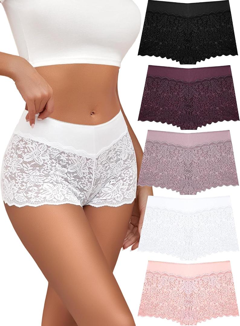ALL OF SHE Lace Boyshort Sexy Underwear Womens Panties Cheeky Plus Size Lingerie Stretch Cotton Waistband S-3XL 5 Pack (XXXL)