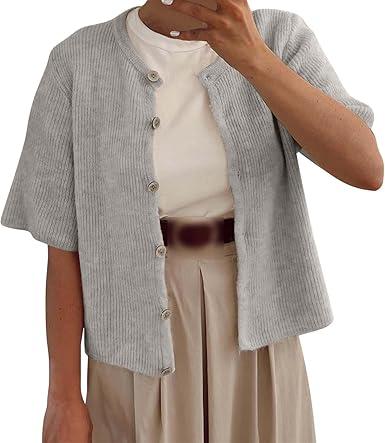 Women Knitted Crop Cardigan Shirt Cropped Cardigan Short Sleeve Sweater for Women Cropped Cardigan for Women, M, Gray
