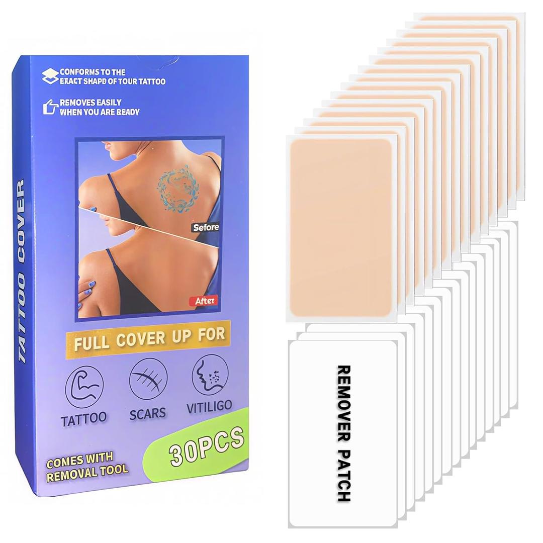 Tattoo Cover Up Patch, 15Pcs Tattoo cover and 15Pcs Remover sticker, Water-Resistant Cover Up Patch, Ultra Thin Invisible Breathable Patch Concealer Sticker for Scars & Birthmarks 