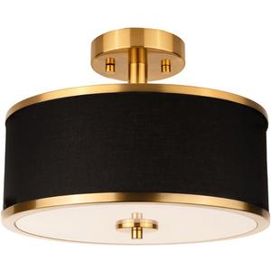 3-Light Semi Flush Mount Ceiling Light Fixture, 12.6" Gold Drum Light with Black Fabric Shade, Modern Close to Ceiling Light for Living Room Bedroom Dining Room Kitchen Hallway Entry Foyer (Brushed Gold + Black Fabric)