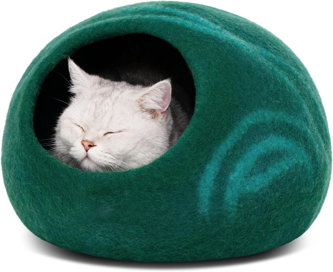 MEOWFIA Cat Cave  Premium Felt Cat Bed for Indoor Cats, Handmade 100% Merino Wool (Dark Shades) (Large, Emerald)