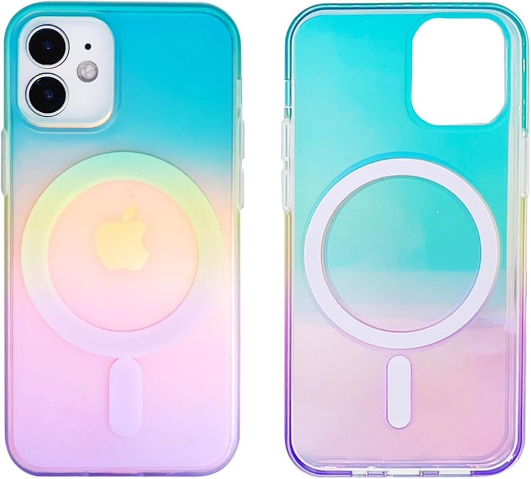 Magnetic Case for iPhone 12 Mini 5.4 inch Compatible with MagSafe Charging Soft TPU Bumper Slim Shockproof Protective Cute Cover with Screen Protector(Holographic Green Yellow Violet Gradient)