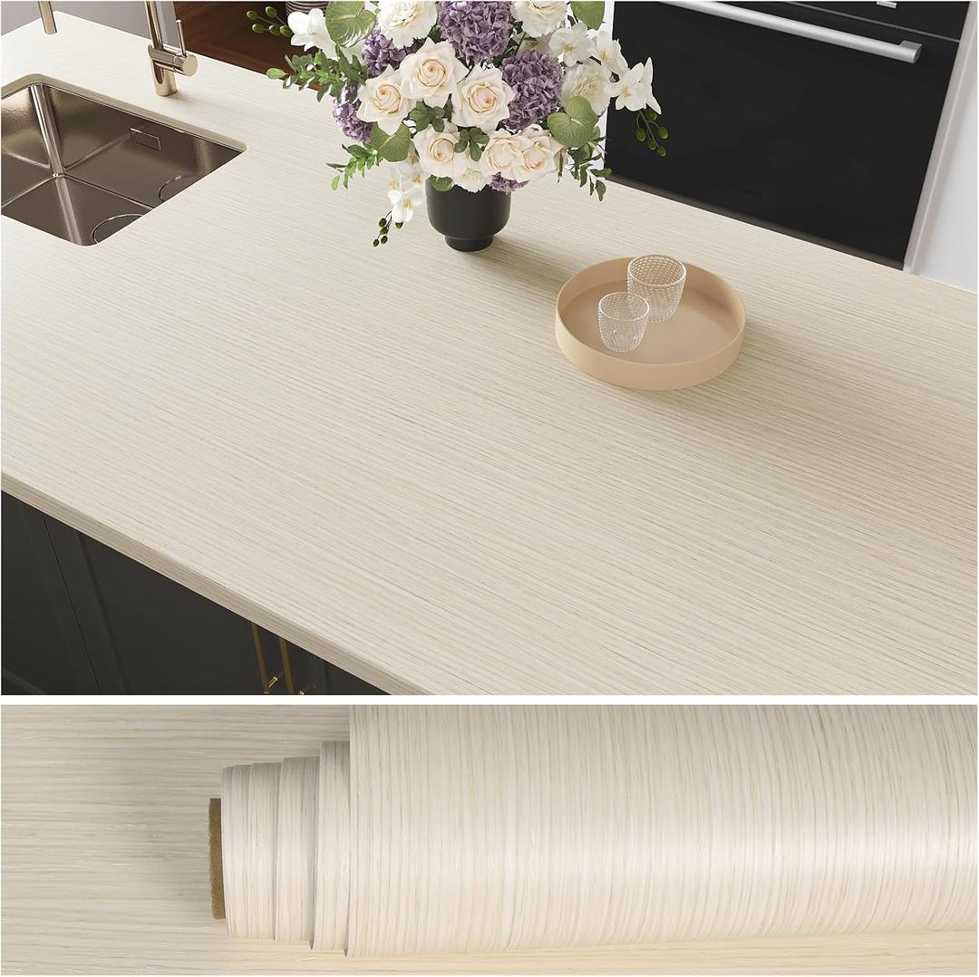 VEELIKE Cream Beige Wood Contact Paper Peel and Stick Waterproof Wood Grain Contact Paper for Countertops Desk Cabinets 24''x118'' White Wood Wallpaper Self Adhesive Vinyl Kitchen Counter Top Covers