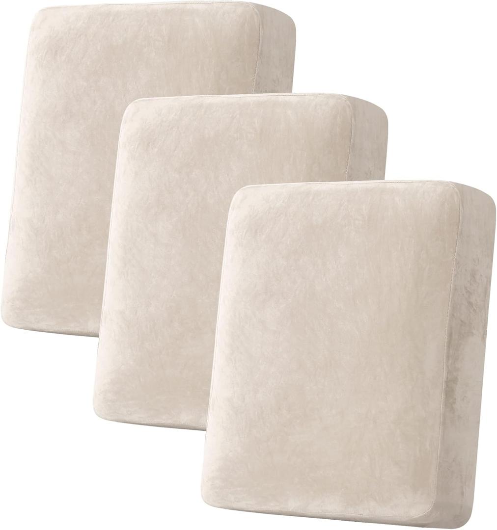 H.VERSAILTEX Velvet Stretch Couch Cushion Cover Plush Cushion Slipcover for Chair Loveseat Sofa Cushion Furniture Protector Seat Cushion Sofa Cover (3 Piece Sofa Cushion Covers, Ivory) (3 Cushion Sofa)