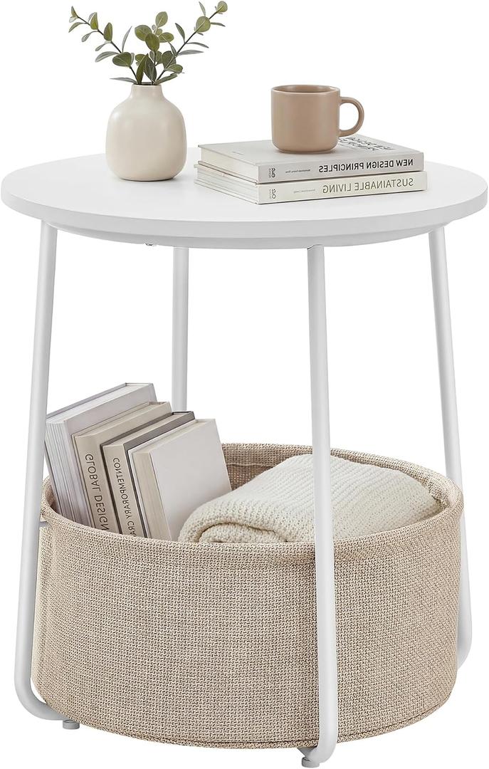 SONGMICS HOME Small Side Table, Round End Table, 2 Tier Nightstand with Basket, U Shaped Steel Legs, Easy Assembly, for Living Room, Bedroom, White and Brown, 1 pack