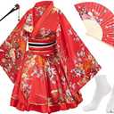 Japanese Anime Women's Dance Kimono Robe Fancy Dress Hand Held Silk Folding Fans Tabi Hair stick Socks Set L