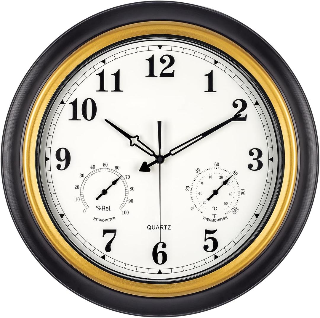 Outdoor Clock 18 Inch, Large Outdoor Clocks Waterproof Weatherproof with Thermometer & Hygrometer Combo, Easy-to-Read Outside Wall Clock for Patio, Garden, Poolside, Backyard, Seniors & Families
