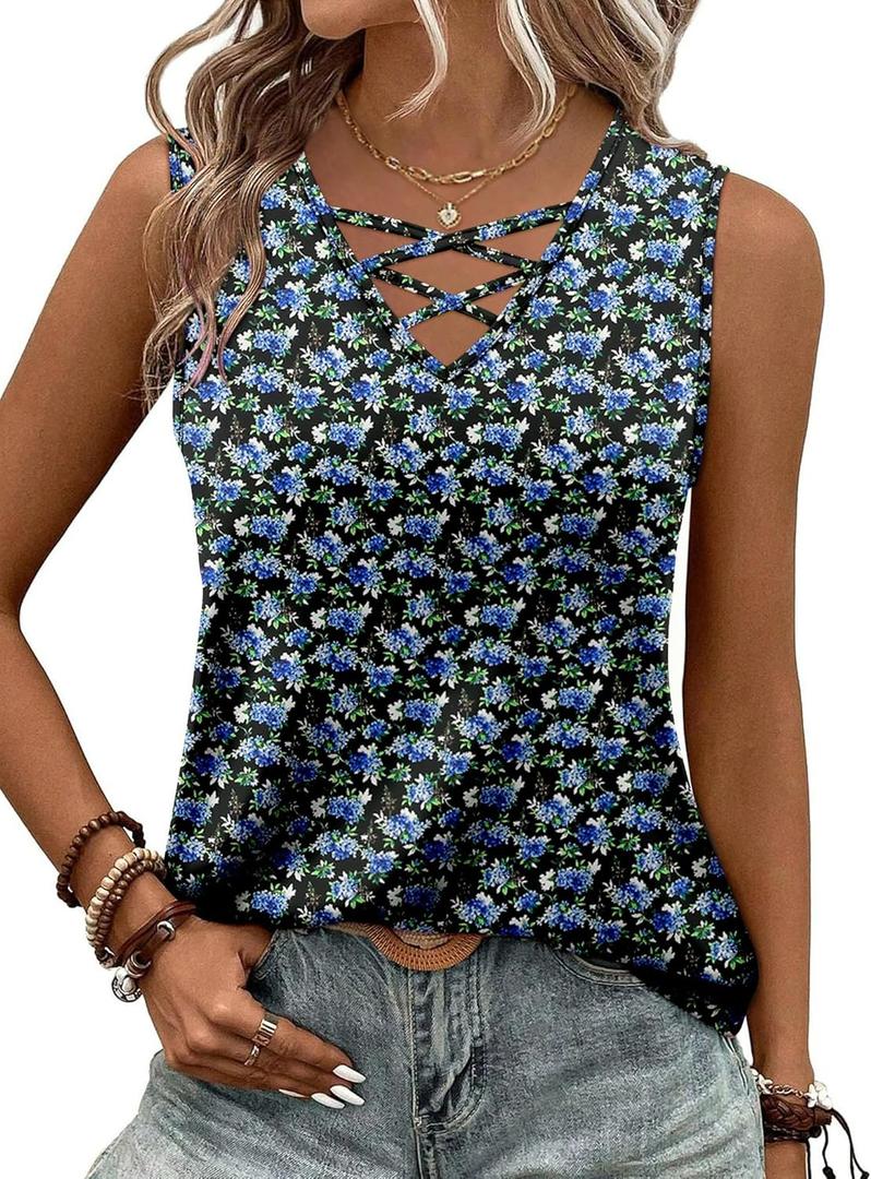 KISSMODA Womens Summer Tank Tops Casual Sleeveless Solid Printed Tunic Top Loose Fit V Neck Shirts (Blue, L)