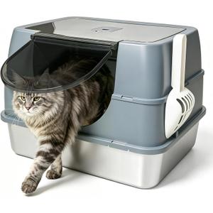 Stainless Steel Litter Box with Litter Box Enclosed Top Entry Metal Litterbox for Big Cats Easy Cleaning Anti-Leakage & High Sided with& Scoop, Medium