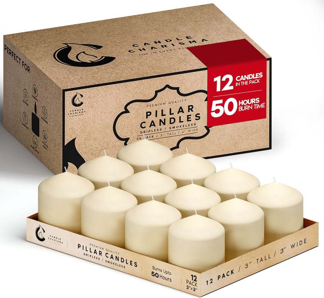 Candle Charisma Ivory Pillar Candles Bulk Pack of 12  (3x3 Inch) Long-Lasting 50-Hour Burn, Dripless & Smokeless  Perfect for Hassle-Free Decor at Weddings, Fall Table Centerpieces & Special Events
