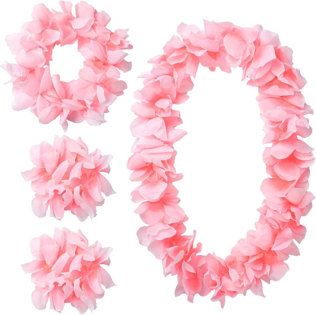 Light Pink Hawaiian Leis Set, Flower leis for Luau Party Decorations Tropical Party Favors, Great for Beach Wedding Birthday Holiday Hawaii Theme Parties (Light Pink)