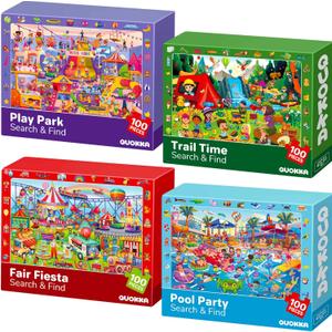 QUOKKA 100 Piece Puzzles for Kids Ages 4-6 4xSET Search and Find Kids Puzzles Ages 5-8 Artist-Crafted Illustrations, Hidden Objects, Unique Jigsaw Shapes, Educational Activity for Learning & Play