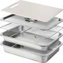 Stainless Steel BBQ Grilling Prep and Serve Tray Set, Food Preparation Container with Lid, Cutting Board, Wire Rack and Marinade Pan for Outdoor Cooking,Grill Gifts for Grill Lovers