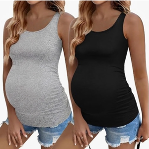 Ekouaer 2 Pack Women Maternity Tank Tops Ruch Side Basic Shirts Summer Postpartum Tops Sleeveless Pregnancy Workout Clothes, Large
