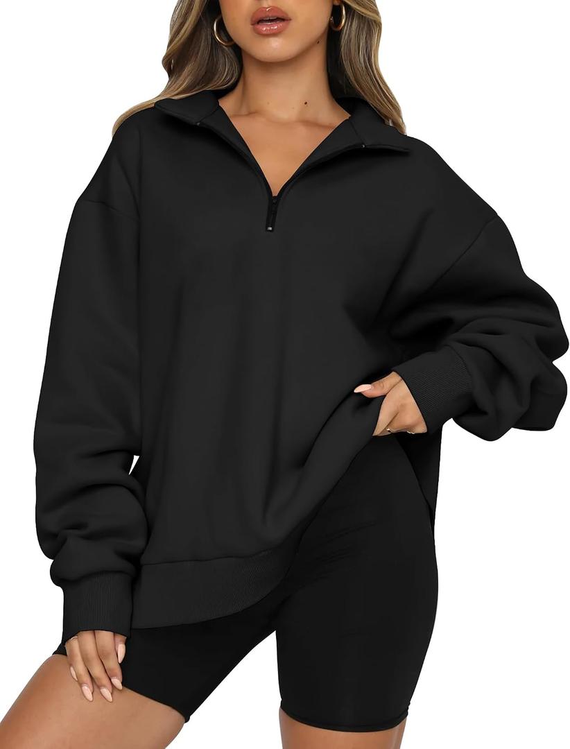 Trendy Queen Women's Oversized Half Zip Fleece Sweatshirts-Cozy Pullover, Drop Shoulder for Fall Winter (Black, M)