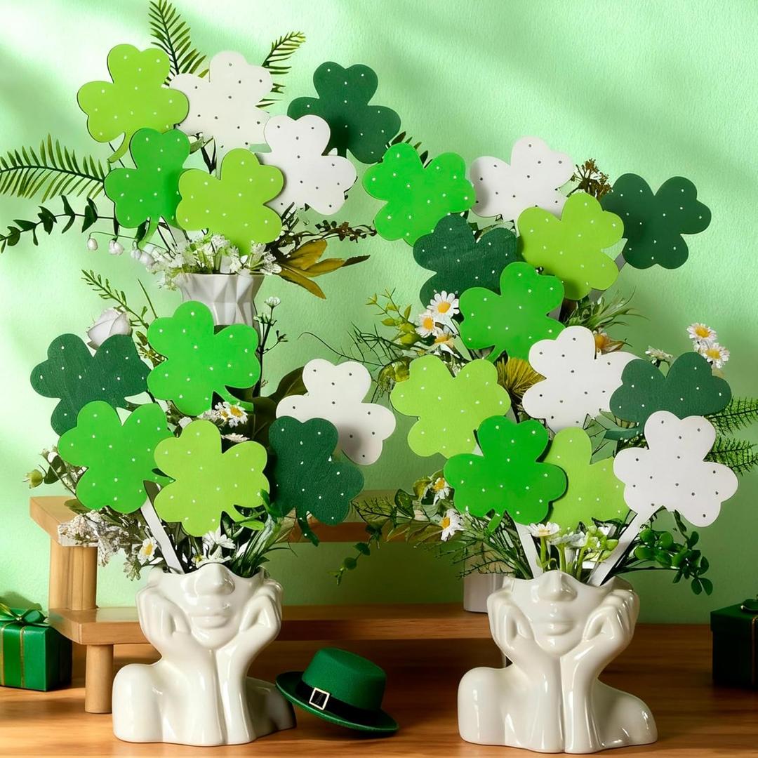 DoubleFill 24 Pcs St Patricks Day Decorations Wooden Shamrock Picks Sticks 8.27" Double Sided Lucky Decorative Branches Shamrock Vase Filler Table Centerpiece for Irish Party Home Decor(Stylish)
