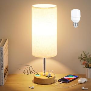 Dicoool Touch Bedside Table Lamp with USB - 3 Way Dimmable Wood Lamp for Bedroom Nightstand, Desk Lamp with Charging Station for Dorm, Living Room, Office, Kids Room, Small, 14in