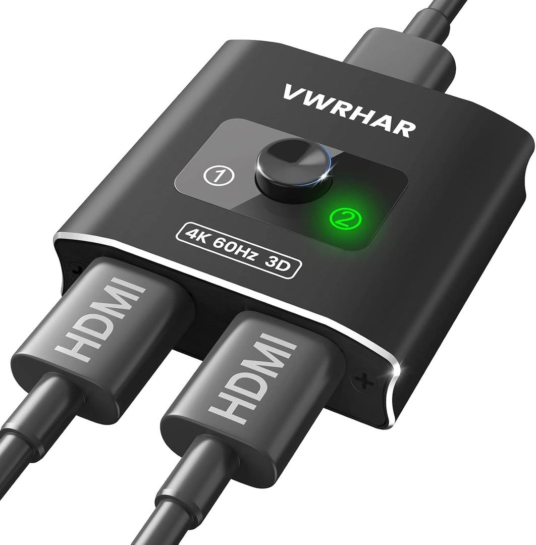 HDMI Switch Splitter 4K@60hz, Aluminum HDMI 2.0 Switcher 2 in 1 Out, HDMI Splitter 1 in 2 Out, Bi-Directional Switch Support 4K 3D HDR for Xbox PS5/4/3 Blu-Ray Player Fire Stick Roku HDTV (Black)