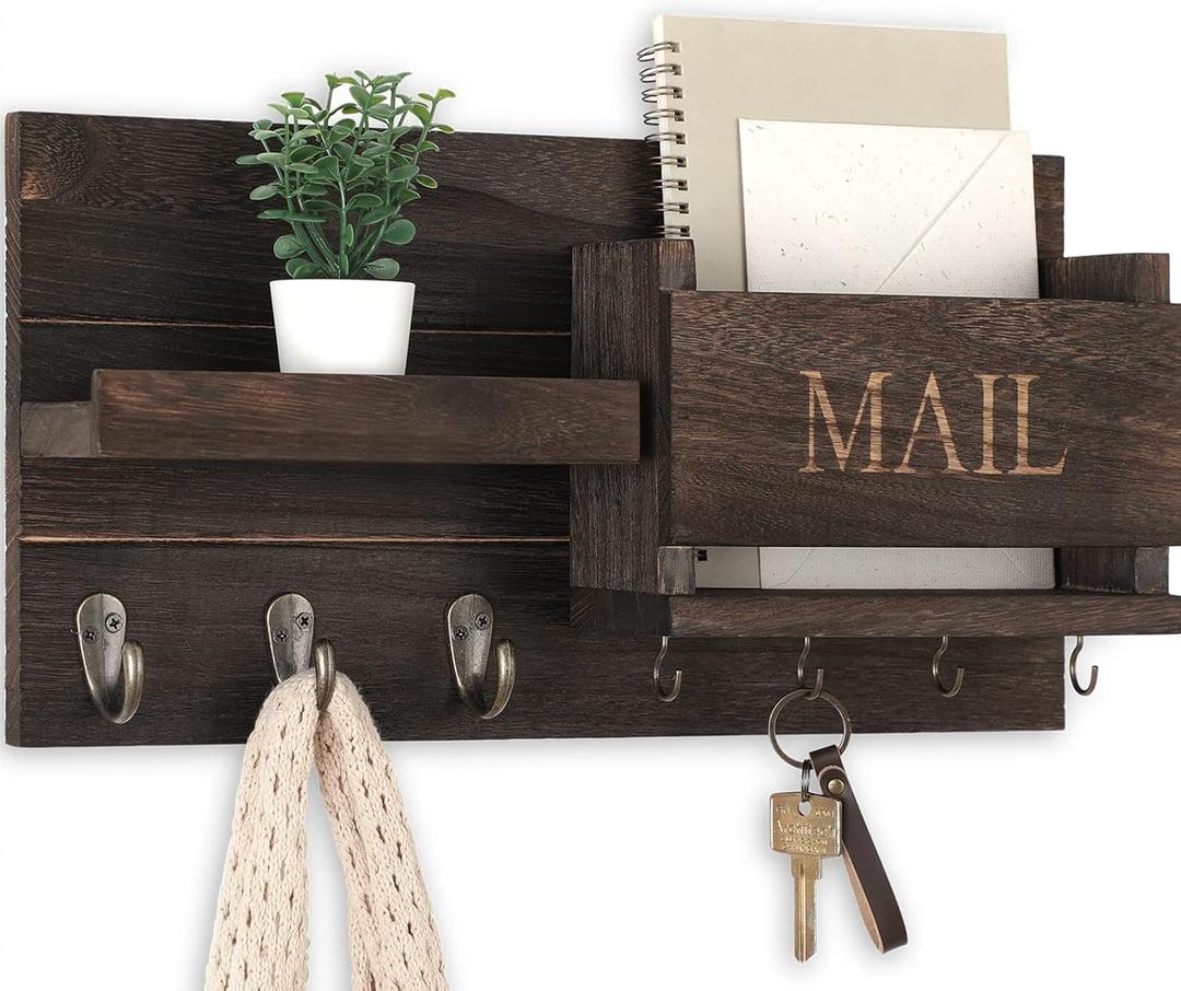 Mail Organizer for Wall Mount  Key Holder with Shelf Includes Letter Holder and Hooks for Hallway Farmhouse Decor  Rustic Wood with Flush Mounting Hardware (16.5 x 9.1 x 3.4) (Brown)