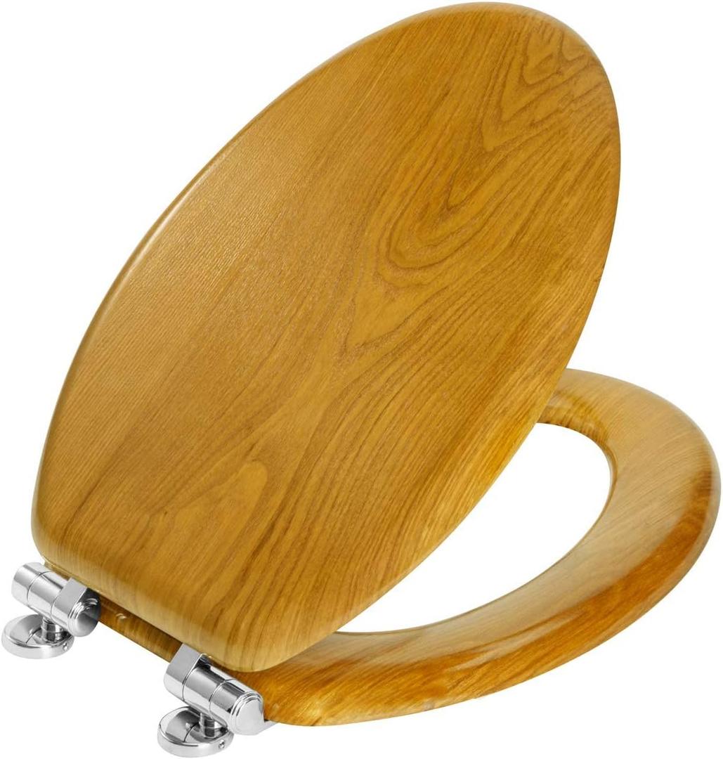 Angel Shield Wood Veneer Natural Toilet Seat with Quiet Close, Easy Clean, Quick-Release Hinges (Elongated, Oak)