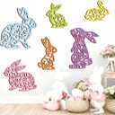 Whaline 6Pcs Easter Bunny Wooden Wall Decor Pastel Color Hollow Rabbit Shaped Wood Wall Art Sign with Hook for Home Farmhouse Spring Hanging Ornament